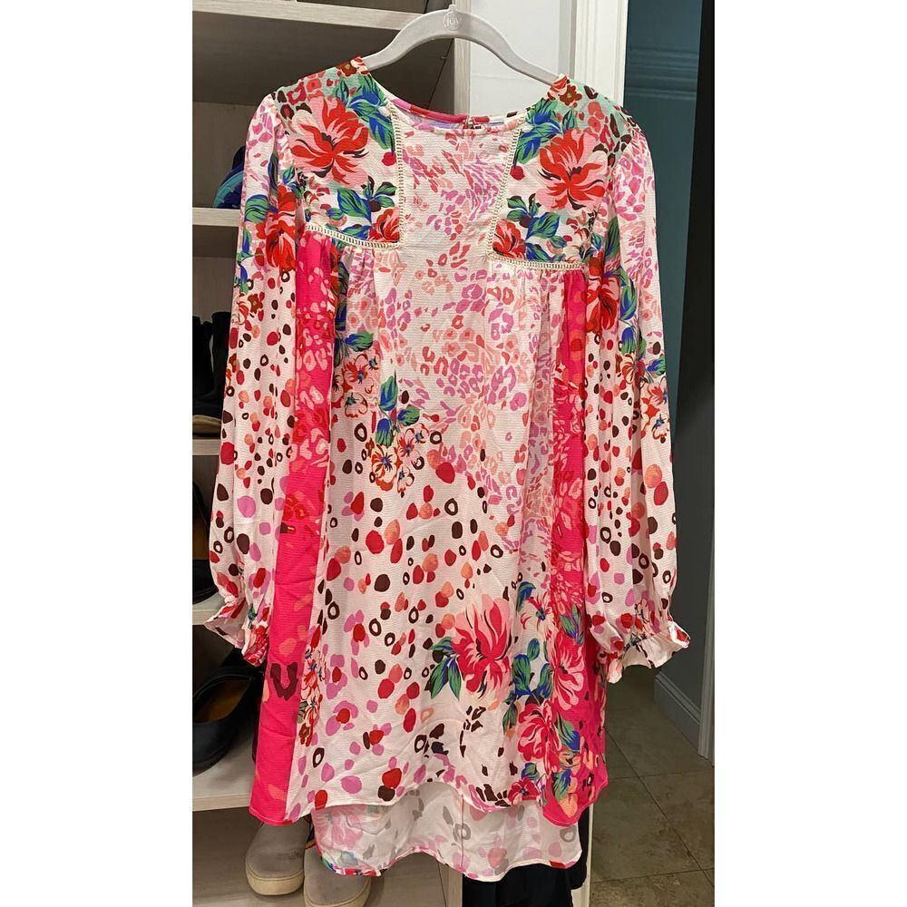 Umgee Rosie Cheetah Dress Floral Pink Fuchsia - Small
